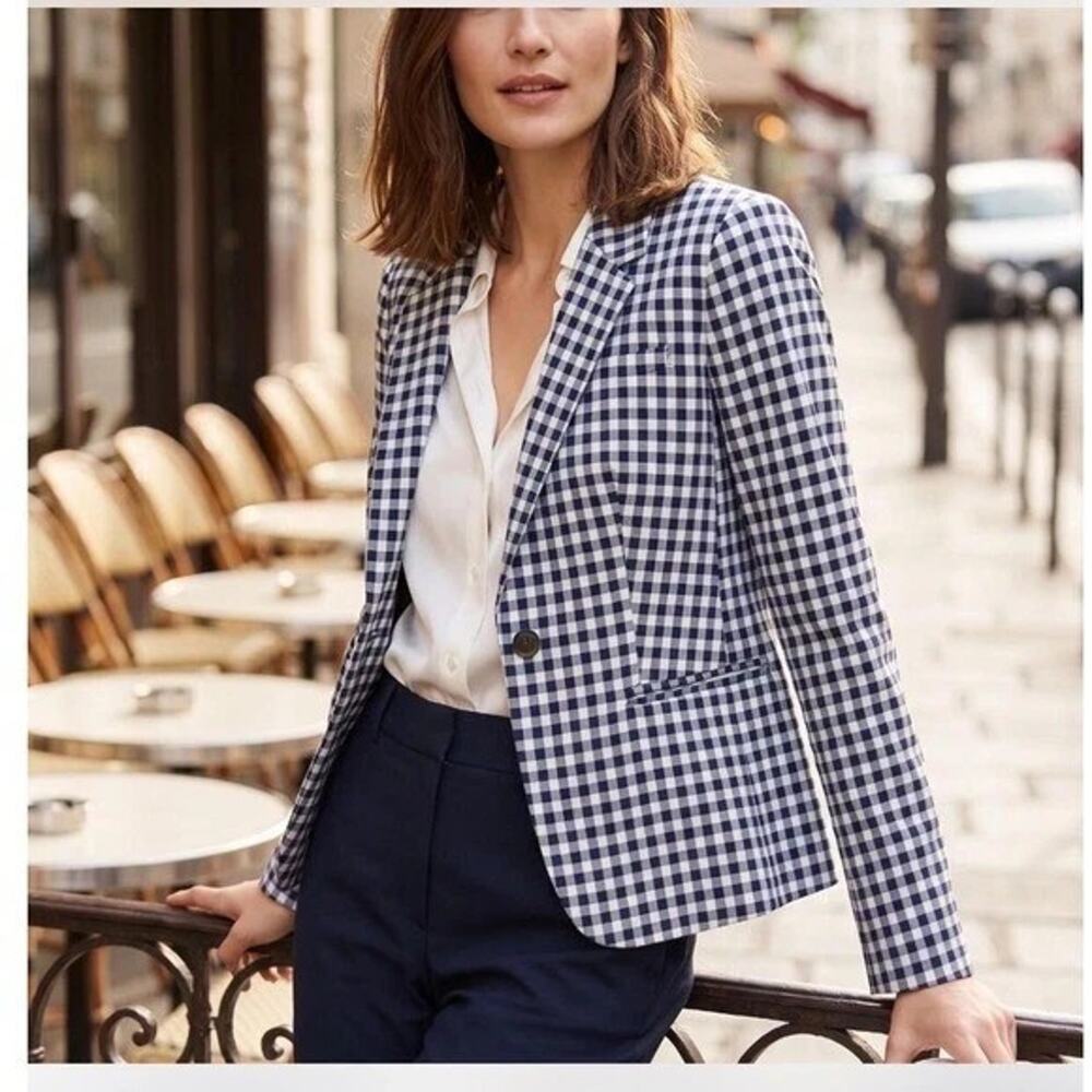 NWOT J CREW Gingham Blazer Jacket Blue White Two Button Lined Notch M2373 L